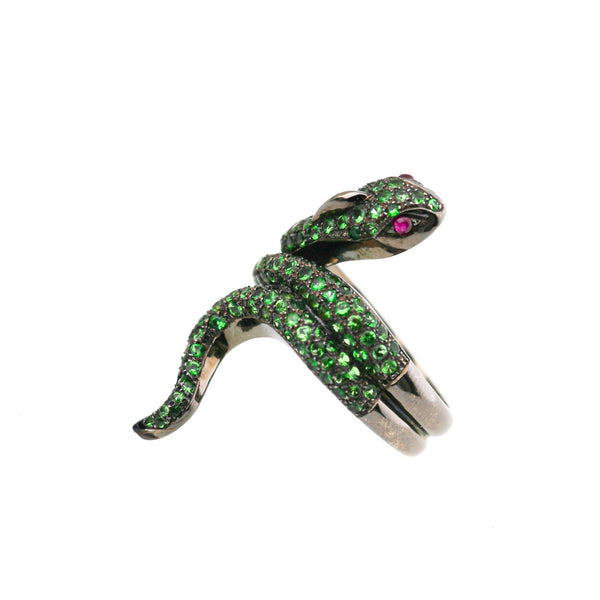 1.73 Carat Tsavorite Garnet & Ruby Eye Pavé Snake 18K Black Gold Cocktail Ring