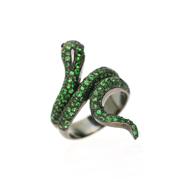 1.73 Carat Tsavorite Garnet & Ruby Eye Pavé Snake 18K Black Gold Cocktail Ring