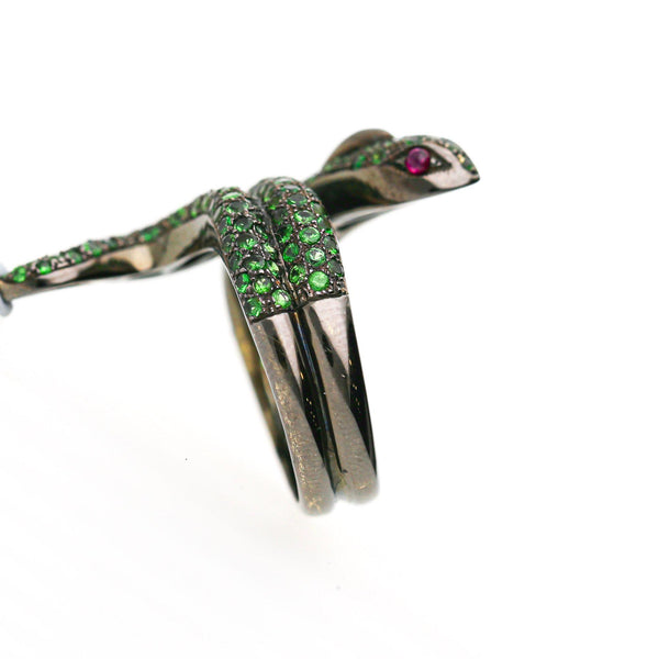 1.73 Carat Tsavorite Garnet & Ruby Eye Pavé Snake 18K Black Gold Cocktail Ring