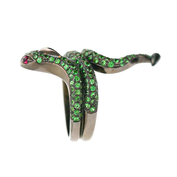 1.73 Carat Tsavorite Garnet & Ruby Eye Pavé Snake 18K Black Gold Cocktail Ring