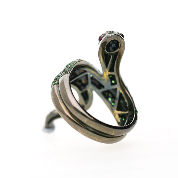 1.73 Carat Tsavorite Garnet & Ruby Eye Pavé Snake 18K Black Gold Cocktail Ring
