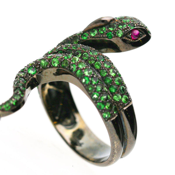 1.73 Carat Tsavorite Garnet & Ruby Eye Pavé Snake 18K Black Gold Cocktail Ring