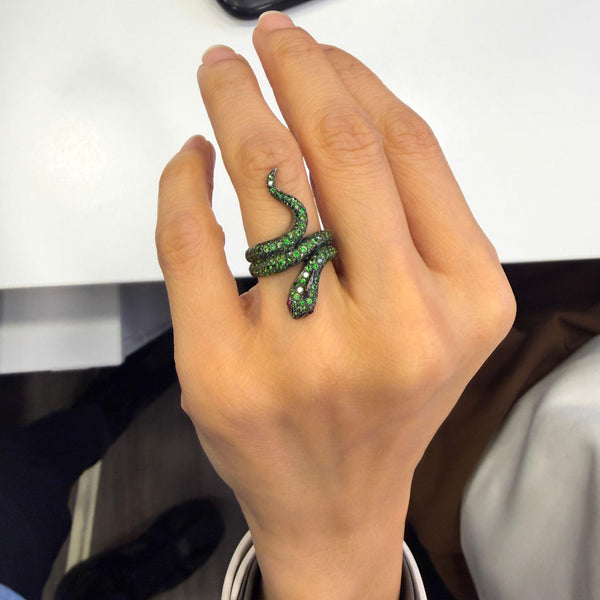 1.73 Carat Tsavorite Garnet & Ruby Eye Pavé Snake 18K Black Gold Cocktail Ring