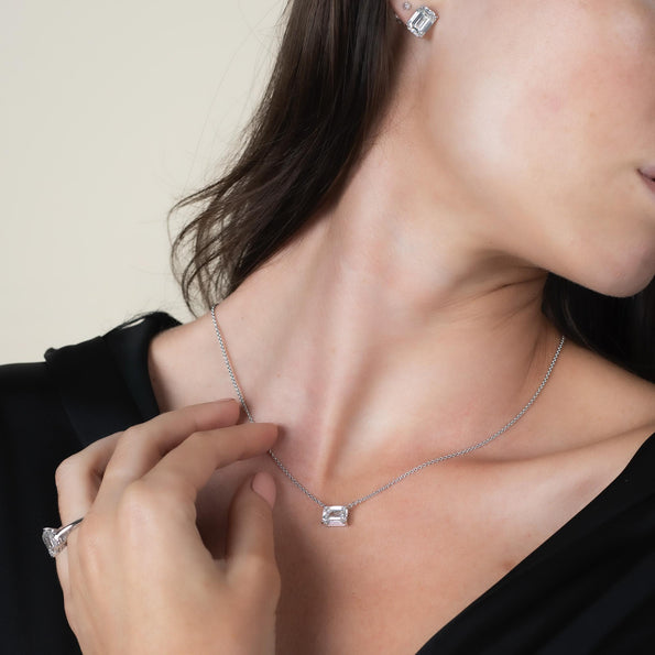 2-4 Carat Emerald Cut Lab Diamond East West Solitaire Pendant Necklace