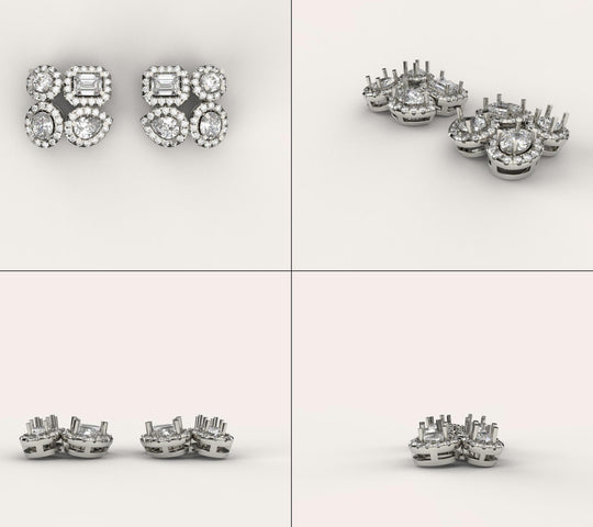 2 Carat Lab Diamond 14K Gold Multi Shape Cluster Halo Stud Earrings