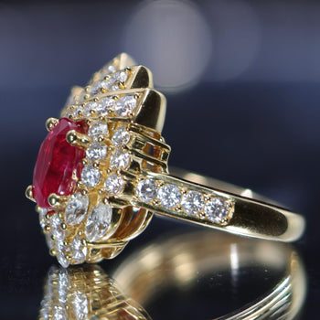 2 Carat Oval Burma Ruby & Diamond Halo Set in 18K Yellow Gold Statement Ring – Assay Jewelers