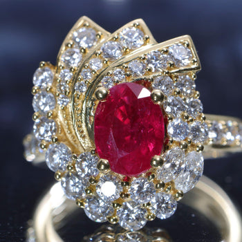 2 Carat Oval Burma Ruby & Diamond Halo Set in 18K Yellow Gold Statement Ring – Assay Jewelers