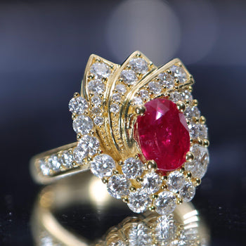 2 Carat Oval Burma Ruby & Diamond Halo Set in 18K Yellow Gold Statement Ring – Assay Jewelers