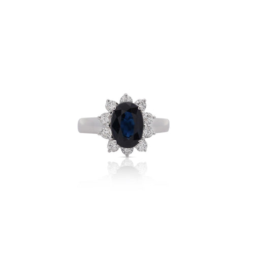 2 Carat Oval Cut Blue Sapphire & Round Diamond Halo Setting Statement Ring