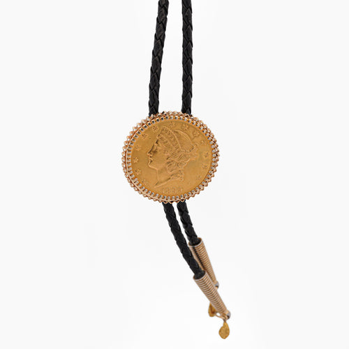 20 Dollar Lady Liberty 24k Gold Coin Alaskan Bolo Tie with Gold Nugget Tips