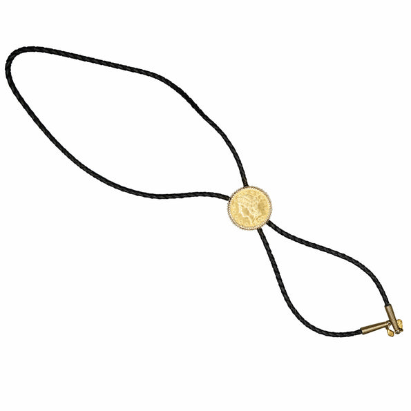 20 Dollar Lady Liberty 24k Gold Coin Alaskan Bolo Tie with Gold Nugget Tips