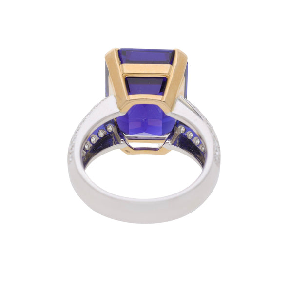 20.45 Carat Emerald Cut Tanzanite & Diamond in 14K Two Tone Gold Cocktail Ring