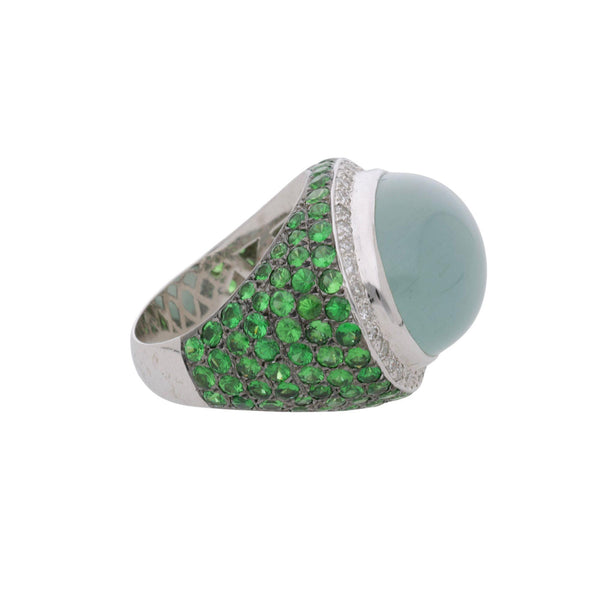 20.86 Carat Oval Aquamarine Tsavorite Diamond Dome 18K White Gold Cocktail Ring