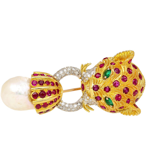 22K Gold Leopard Head Brooch - Emerald, Ruby, Diamond & Baroque Pearl