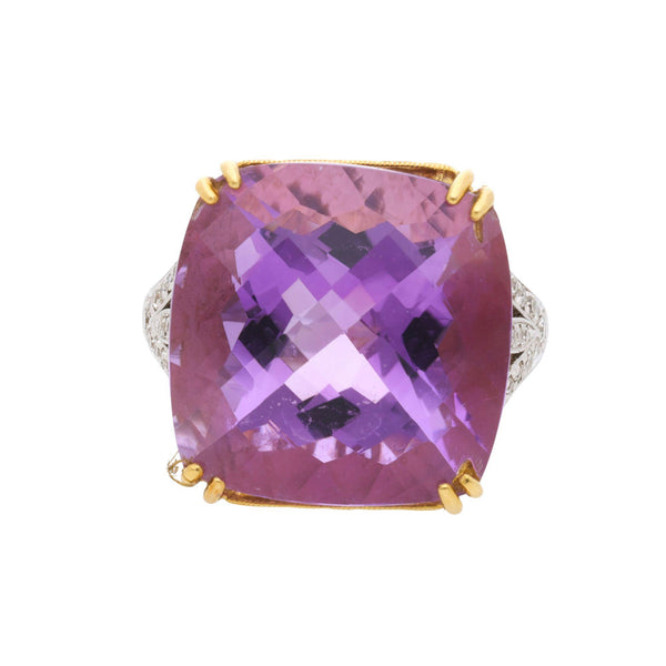 22.48 Carat Cushion Checkerboard Amethyst & Diamond Filigree 18K Two Tone Ring