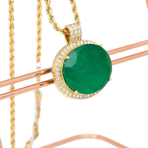 28.56 Carat Oval Cut Emerald & Diamond Halo 18K Gold Pendant Necklace