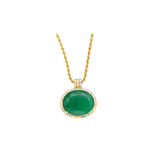 28.56 Carat Oval Cut Emerald & Diamond Halo 18K Gold Pendant Necklace