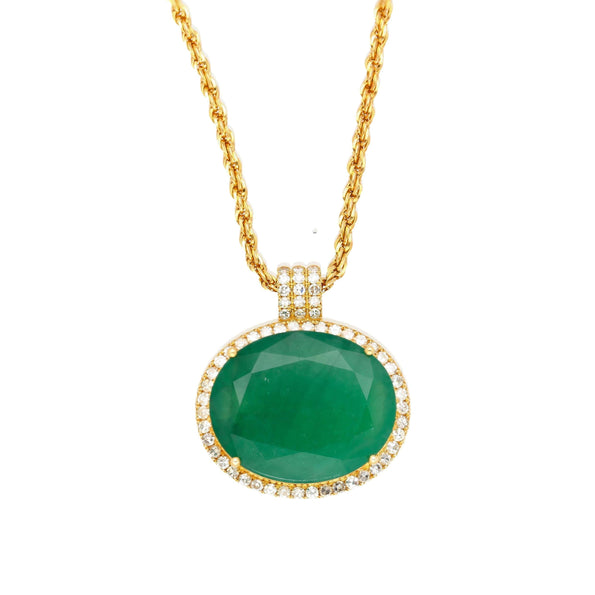 28.56 Carat Oval Cut Emerald & Diamond Halo 18K Gold Pendant Necklace