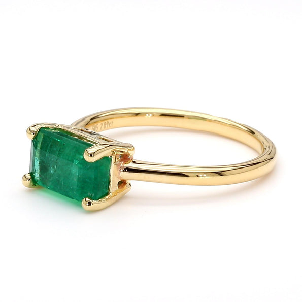 2.09 Carat East West Emerald Cut Green Emerald Solitaire 14K Gold Ring