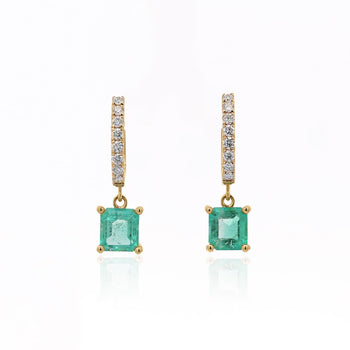 2.19 Carat Square Emerald & Diamond 18K Gold Dangling Huggie Earrings – Assay Jewelers
