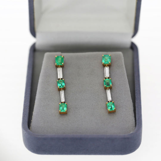 2.31 Carat Emerald & Baguette Diamond 18K Gold Drop Earrings