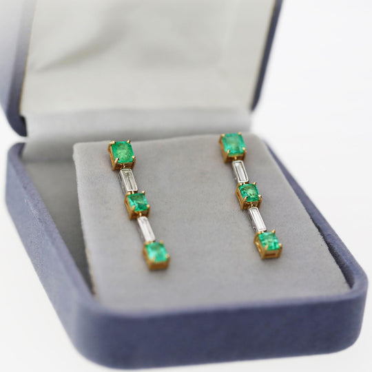 2.31 Carat Emerald & Baguette Diamond 18K Gold Drop Earrings