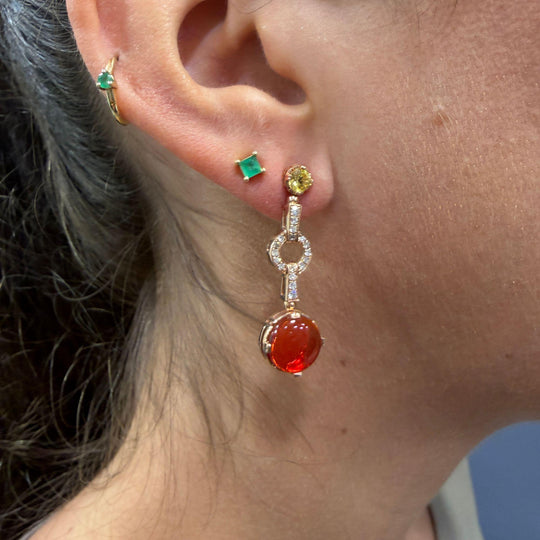 2.51 Carat Fire Opal, Yellow Sapphire, and Diamond 14K Rose Gold Drop Earring