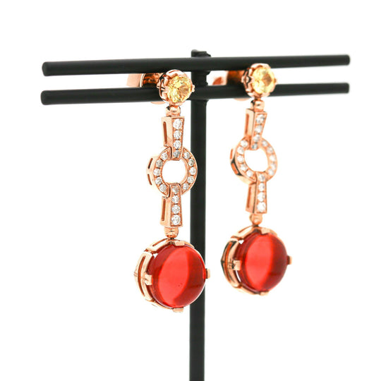 2.51 Carat Fire Opal, Yellow Sapphire, and Diamond 14K Rose Gold Drop Earring