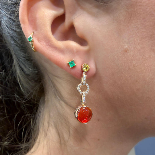 2.51 Carat Fire Opal, Yellow Sapphire, and Diamond 14K Rose Gold Drop Earring