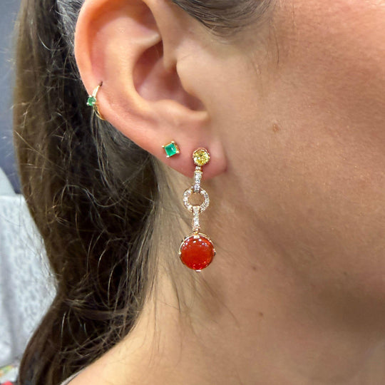 2.51 Carat Fire Opal, Yellow Sapphire, and Diamond 14K Rose Gold Drop Earring