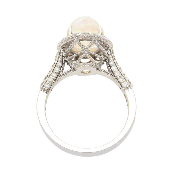 2.52 Carat Oval Opal & Diamond Halo 14K White Gold Cathedral Ring