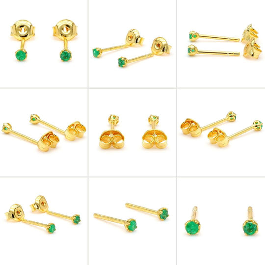 2.5mm Tiny Natural Emerald Round Stud Earrings 14K Gold Plated Silver