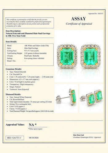 2.60 Carat Emerald Cut Emerald and Diamond Halo 18K Two Tone Gold Stud Earring – Assay Jewelers