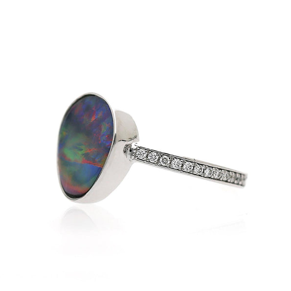 2.70 Carat Black Opal Freeform Shape Bezel Set 18K White Gold Ring