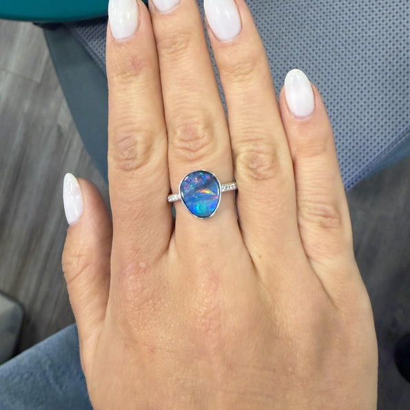 2.70 Carat Black Opal Freeform Shape Bezel Set 18K White Gold Ring