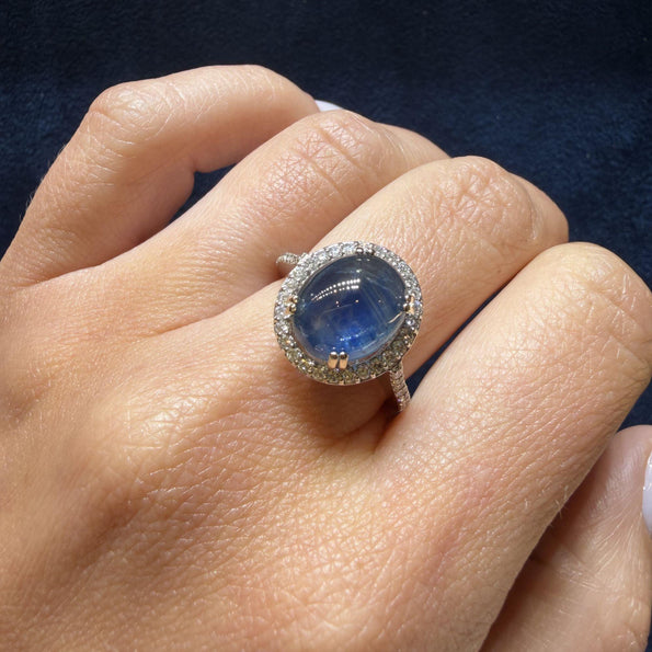2.80 Carat Oval Cabochon Blue Star Sapphire and Diamond Halo Ring