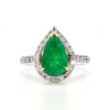2.89 Carat Pear Vivid Green Emerald & Diamond Halo 18K Gold Halo Ring