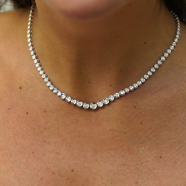 3 Carat Graduated Thick Bezel Diamond Platinum Tennis Necklace