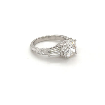 3 Carat Round Lab Grown Diamond With Baguette Diamond Side Stones in Vintage Platinum Ring – Assay Jewelers