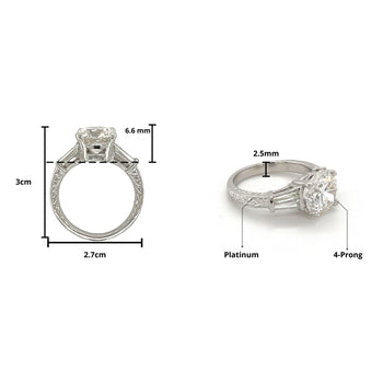 3 Carat Round Lab Grown Diamond With Baguette Diamond Side Stones in Vintage Platinum Ring – Assay Jewelers