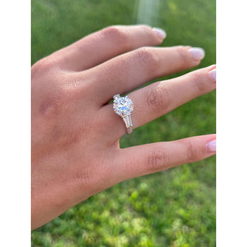 3 Carat Round Lab Grown Diamond With Baguette Diamond Side Stones in Vintage Platinum Ring – Assay Jewelers