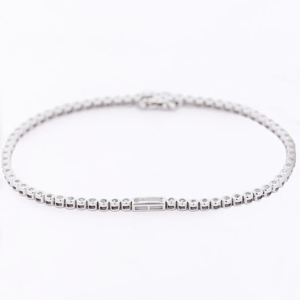 3/4 Carat Baguette & Round Diamond Bezel Set 14K White Gold Tennis Bracelet