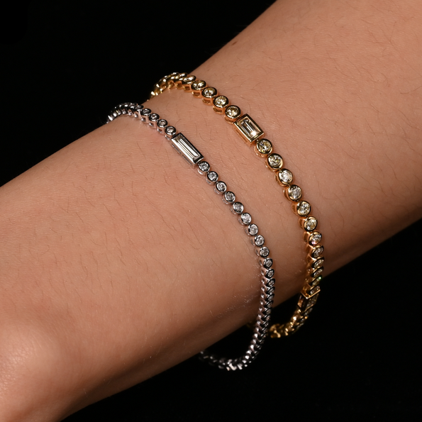 3/4 Carat Baguette & Round Diamond Bezel Set 14K White Gold Tennis Bracelet