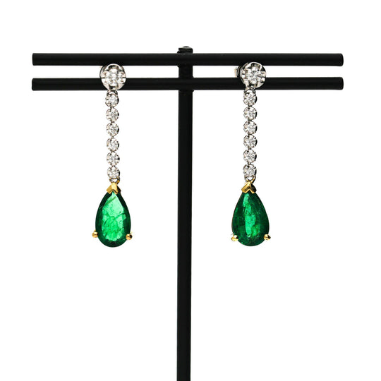 3.02 Carat Pear Vivid Green Emerald & Diamond 18K Gold Drop Earring