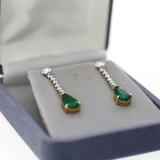 3.02 Carat Pear Vivid Green Emerald & Diamond 18K Gold Drop Earring