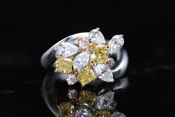 3.07 Carat Yellow Cushion Pink White Diamond in Platinum 18K Gold Cluster Ring