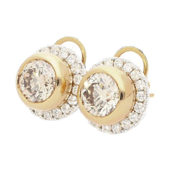 3.10 Carat Fancy Brown Diamond Bezel and Halo Stud Earrings 18K Gold