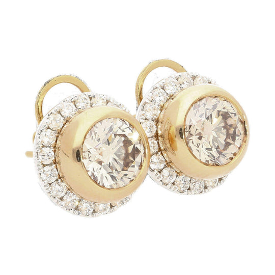 3.10 Carat Fancy Brown Diamond Bezel and Halo Stud Earrings 18K Gold