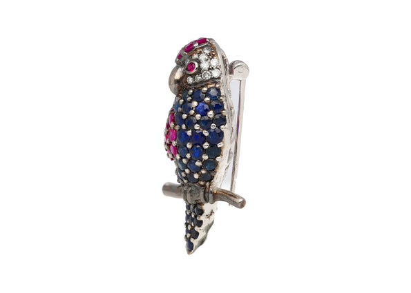 3.14 Carat Pink & Blue Sapphire & Diamond Pave in 18K White Gold Parrot Brooch