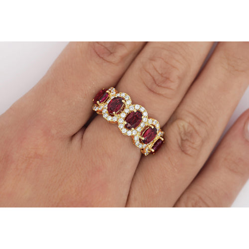 3.43 Carat Oval Cut Ruby and Diamond Halo Wedding Band Ring in 18K Gold